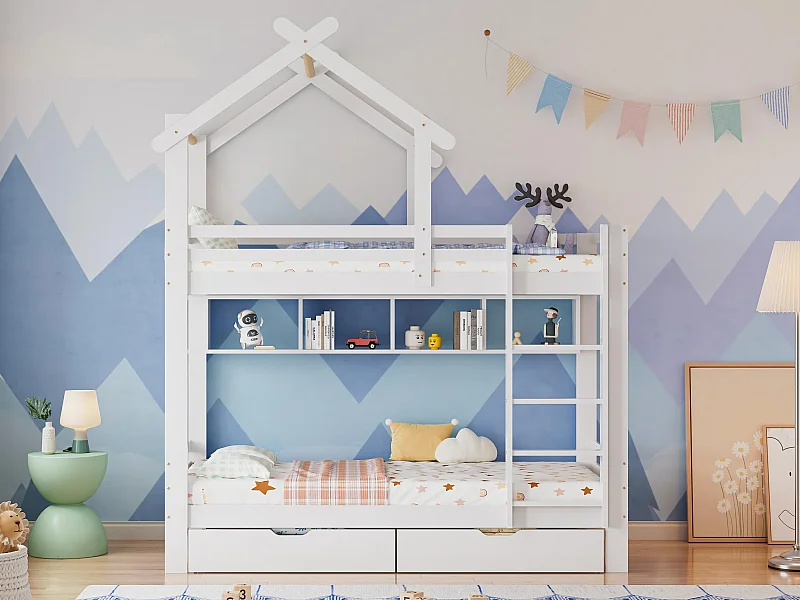 Litera cabina 90x200 cm de pino macizo con cajones y estantes + somieres - Blanco