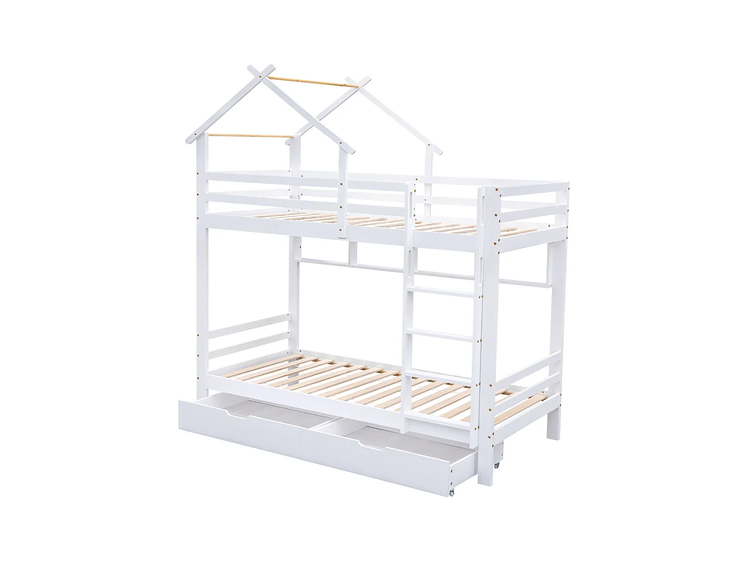 Litera cabina 90x200 cm de pino macizo con cajones y estantes + somieres - Blanco