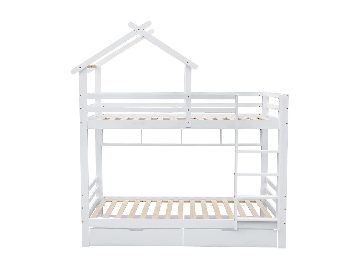 Litera cabina 90x200 cm de pino macizo con cajones y estantes + somieres - Blanco