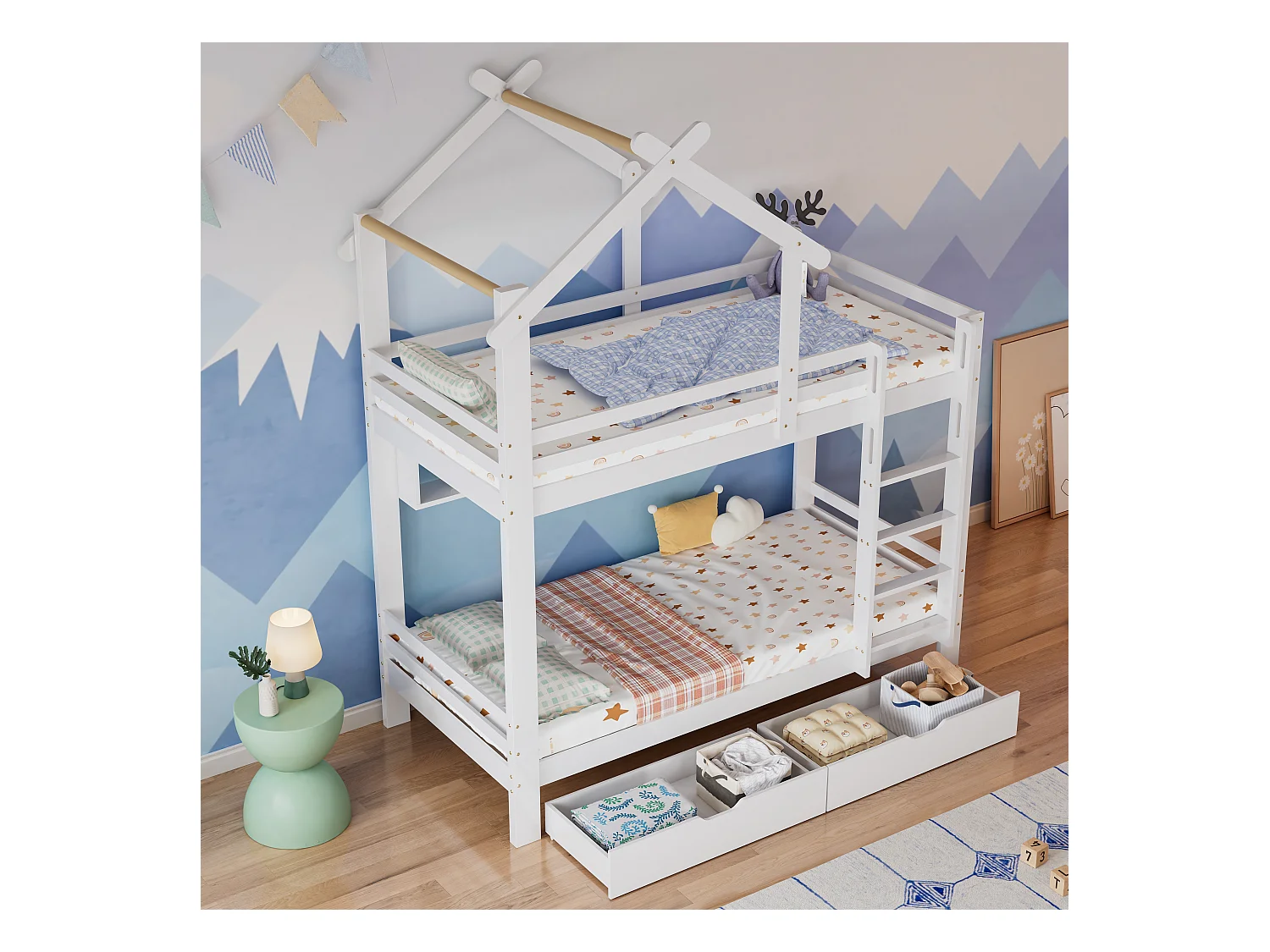 Lit superposé cabane 90x200cm en pin massif avec tiroirs et étagères + sommiers à lattes - Blanc