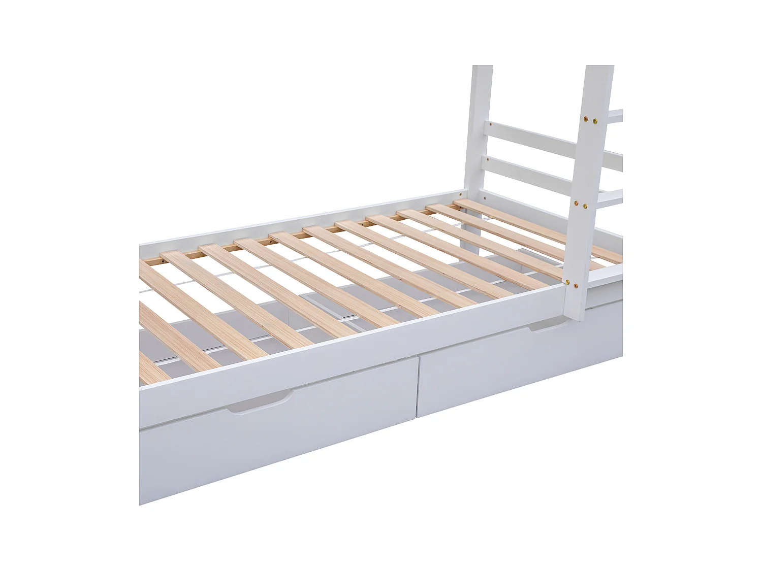 Lit superposé cabane 90x200cm en pin massif avec tiroirs et étagères + sommiers à lattes - Blanc