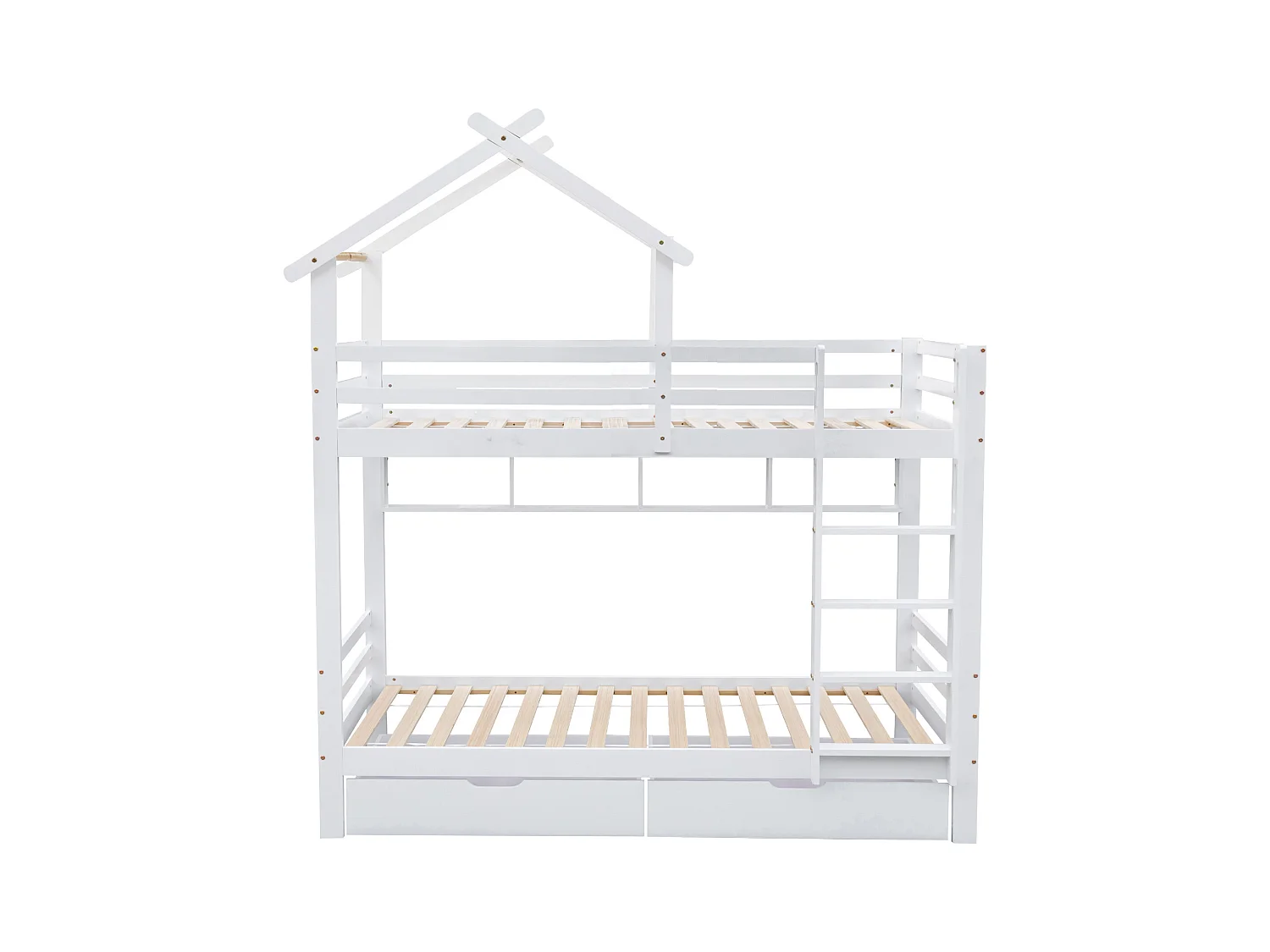 Lit superposé cabane 90x200cm en pin massif avec tiroirs et étagères + sommiers à lattes - Blanc