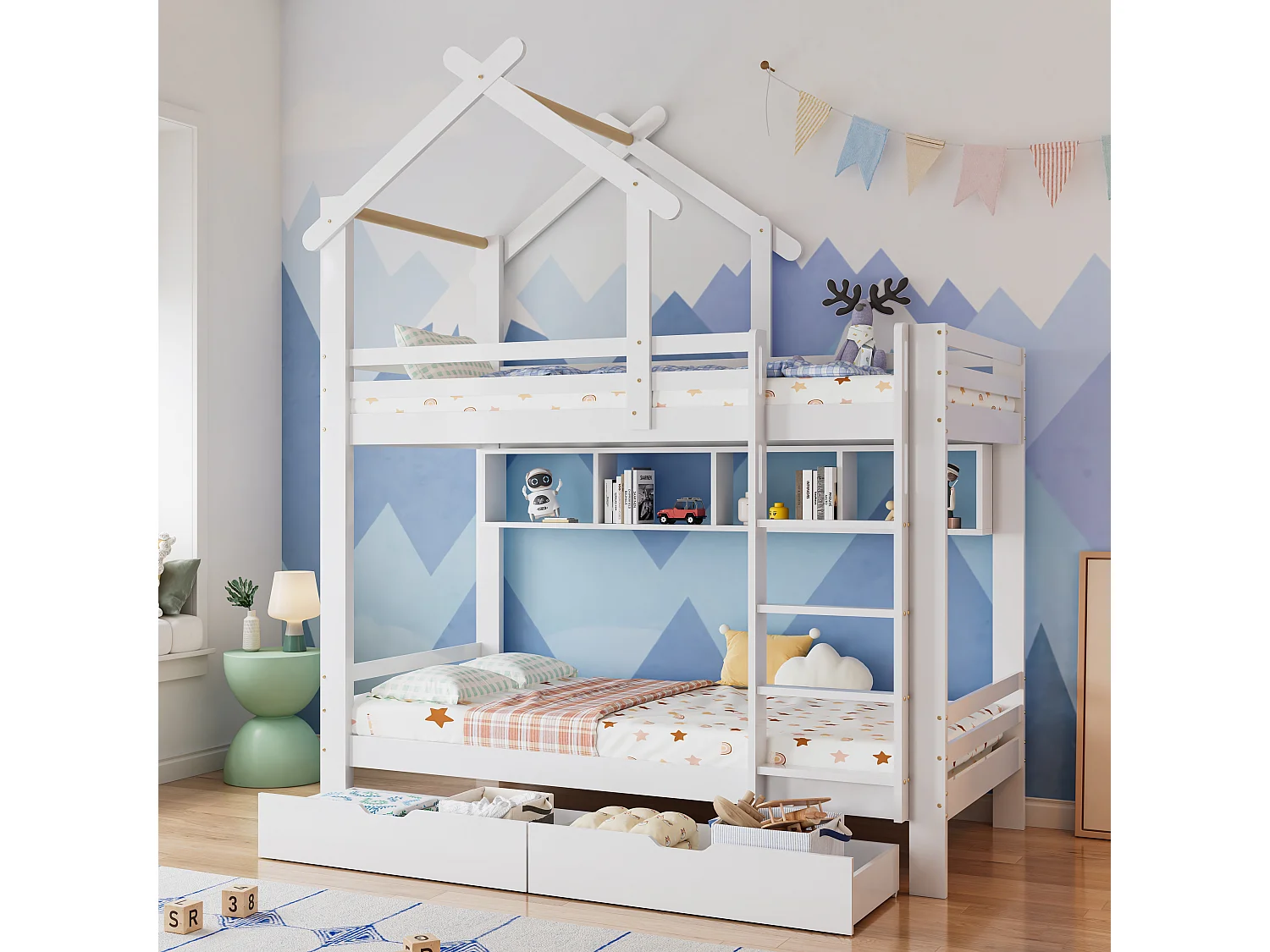 Etagenbett 90 x 200 cm aus massivem Kiefernholz mit Schubladen und Regalen + Lattenrosten – Weiß