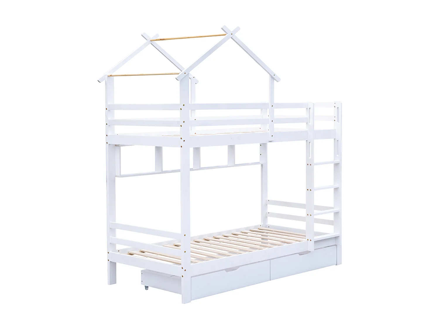 Etagenbett 90 x 200 cm aus massivem Kiefernholz mit Schubladen und Regalen + Lattenrosten – Weiß