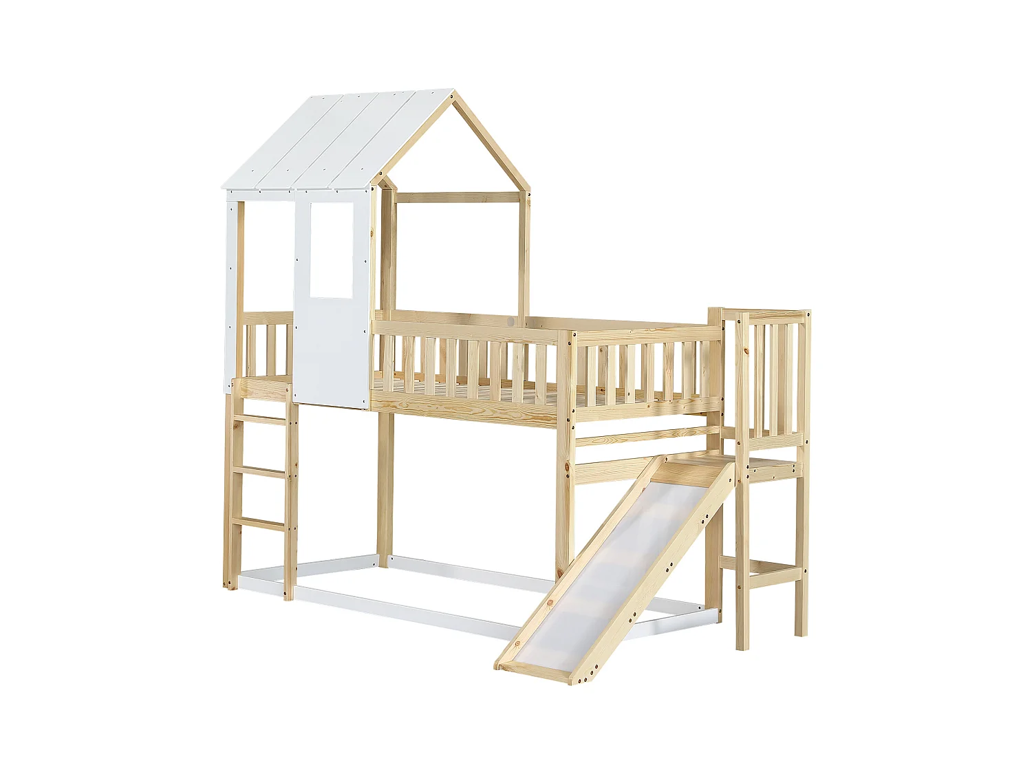 Lit superposé 90x200cm en bois massif - avec échelle et toboggan - sommiers à lattes - Naturel