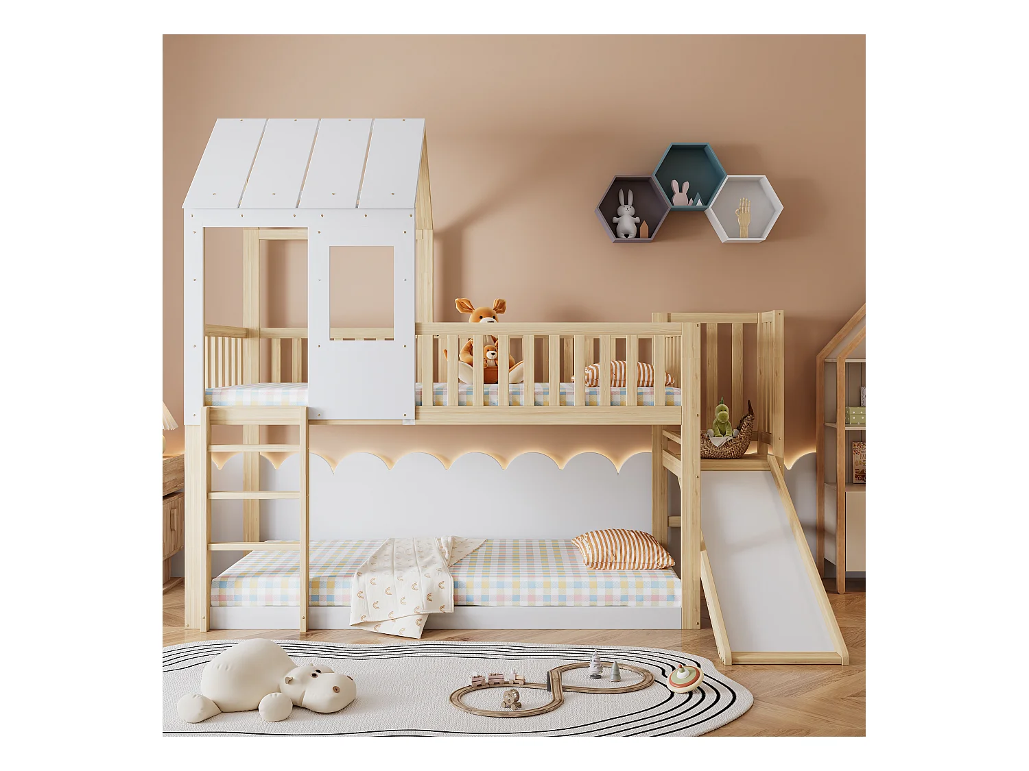 Lit superposé 90x200cm en bois massif - avec échelle et toboggan - sommiers à lattes - Naturel