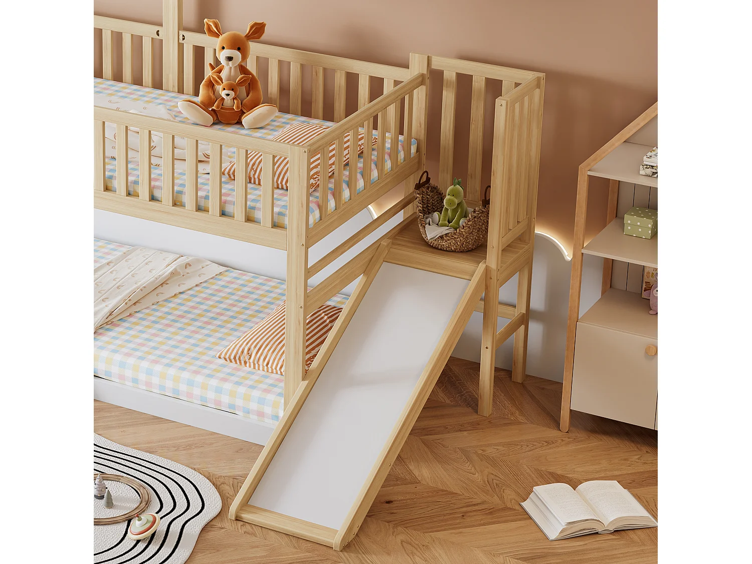 Lit superposé 90x200cm en bois massif - avec échelle et toboggan - sommiers à lattes - Naturel