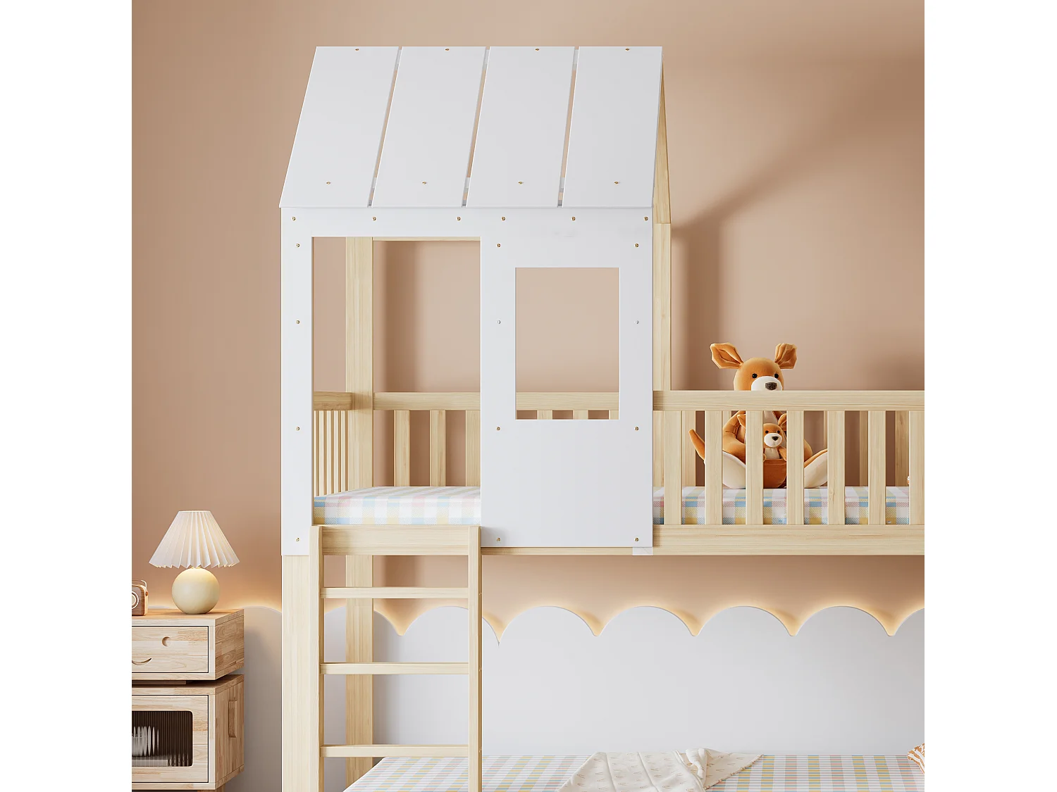 Lit superposé 90x200cm en bois massif - avec échelle et toboggan - sommiers à lattes - Naturel