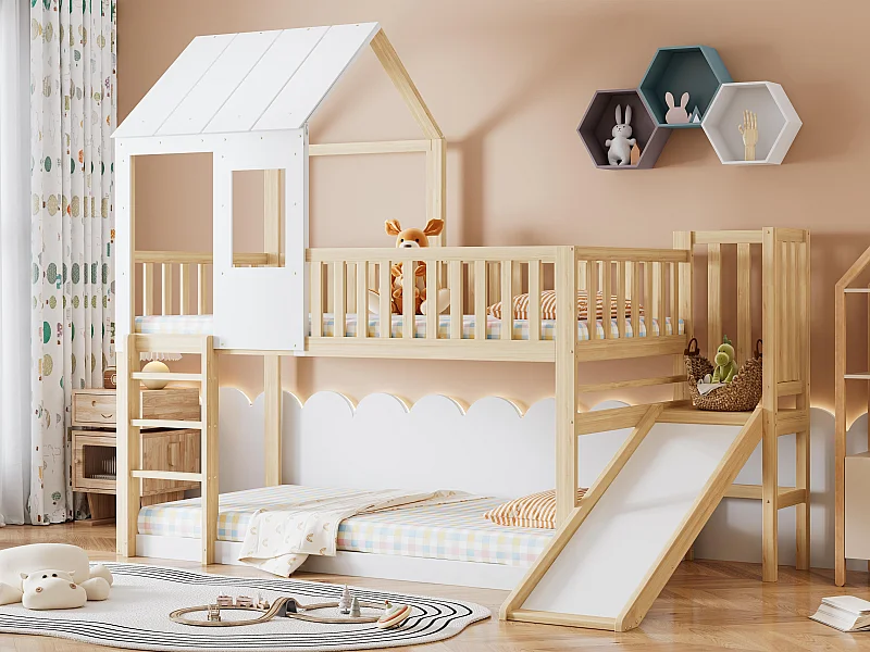 Lit superposé 90x200cm en bois massif - avec échelle et toboggan - sommiers à lattes - Naturel