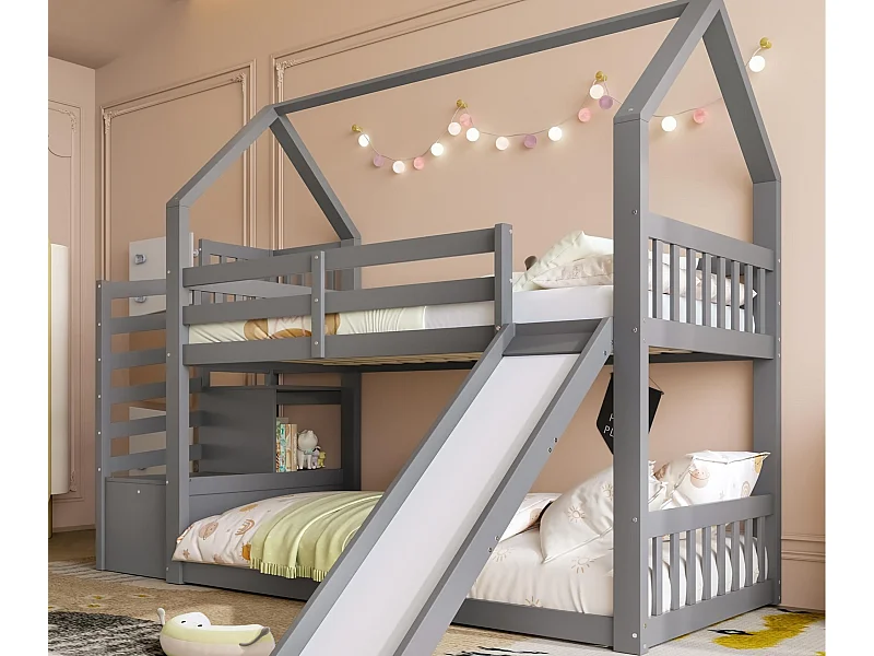 Lit superposé 90x200cm en bois - avec barrières + escalier de rangement + toboggan - Gris