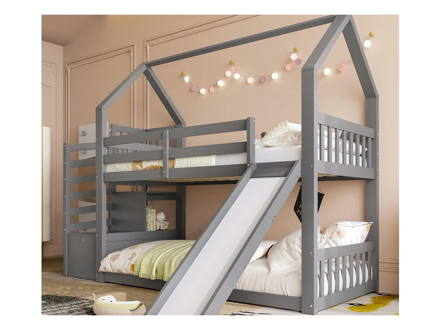 Lit superposé 90x200cm en bois - avec barrières + escalier de rangement + toboggan - Gris