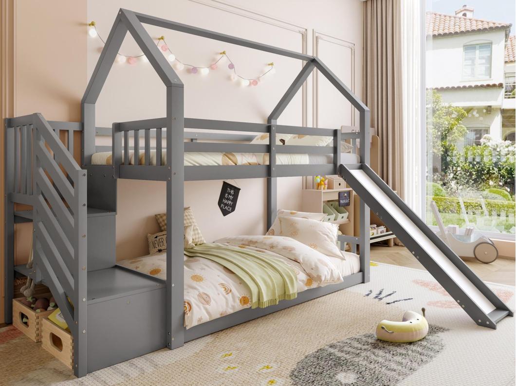 Houten stapelbed 90x200cm - met barrières + opbergtrap + glijbaan - Grijs