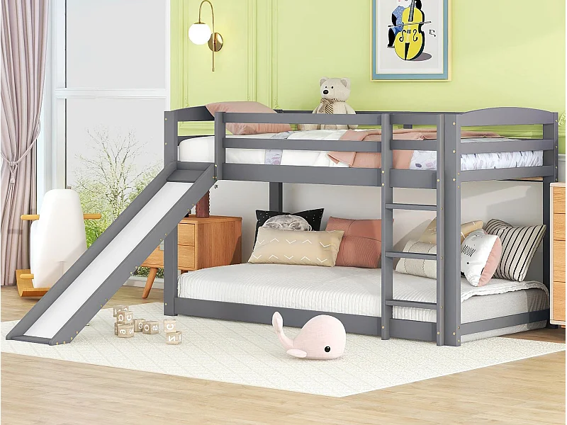 Etagenbett aus Kiefernholz mit Absturzsicherung + Leiter + Rutsche – 90 x 200 cm – Grau