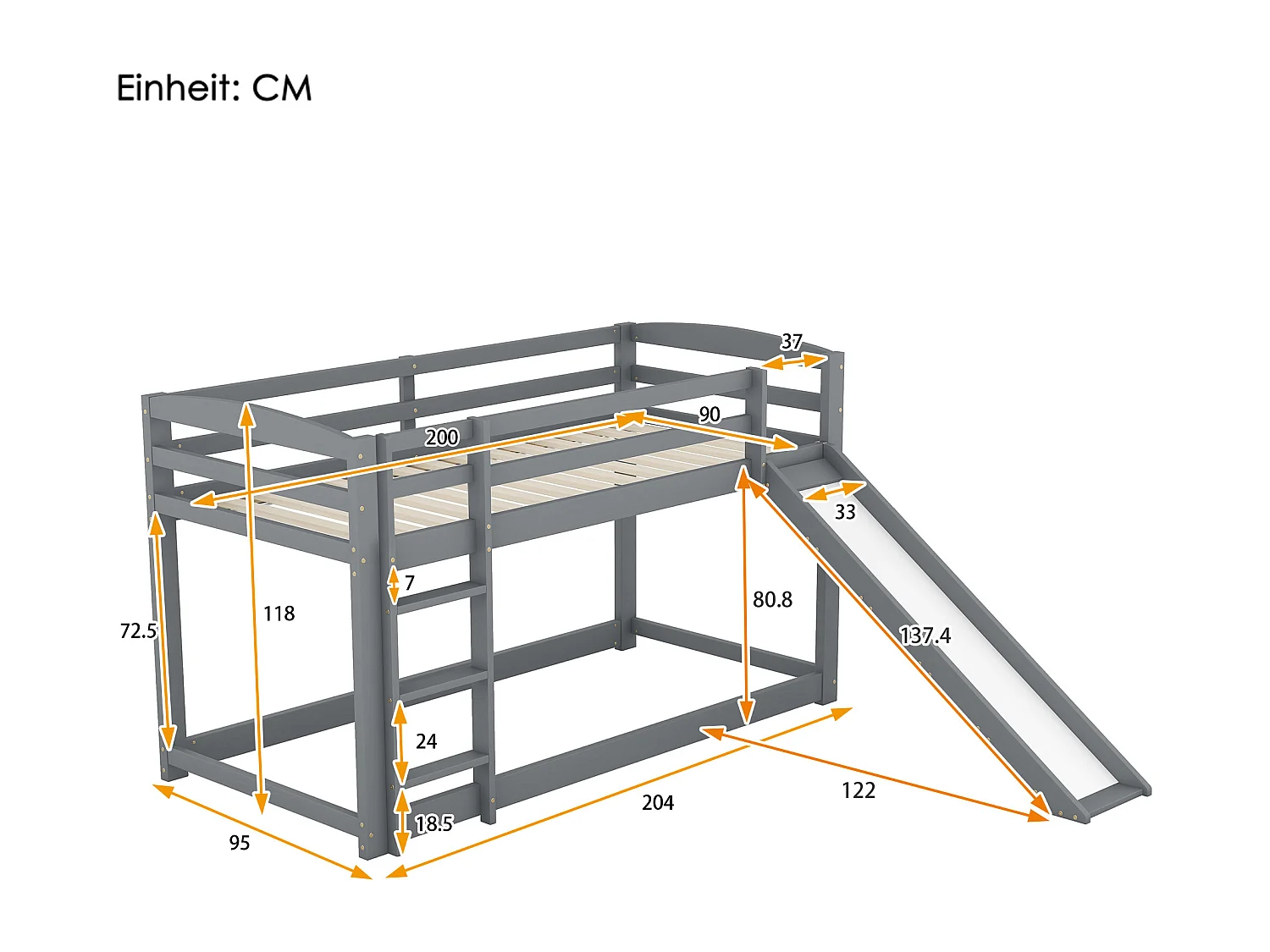 Letto a castello in pino con barriere anticaduta + scala + scivolo - 90x200 cm - Grigio