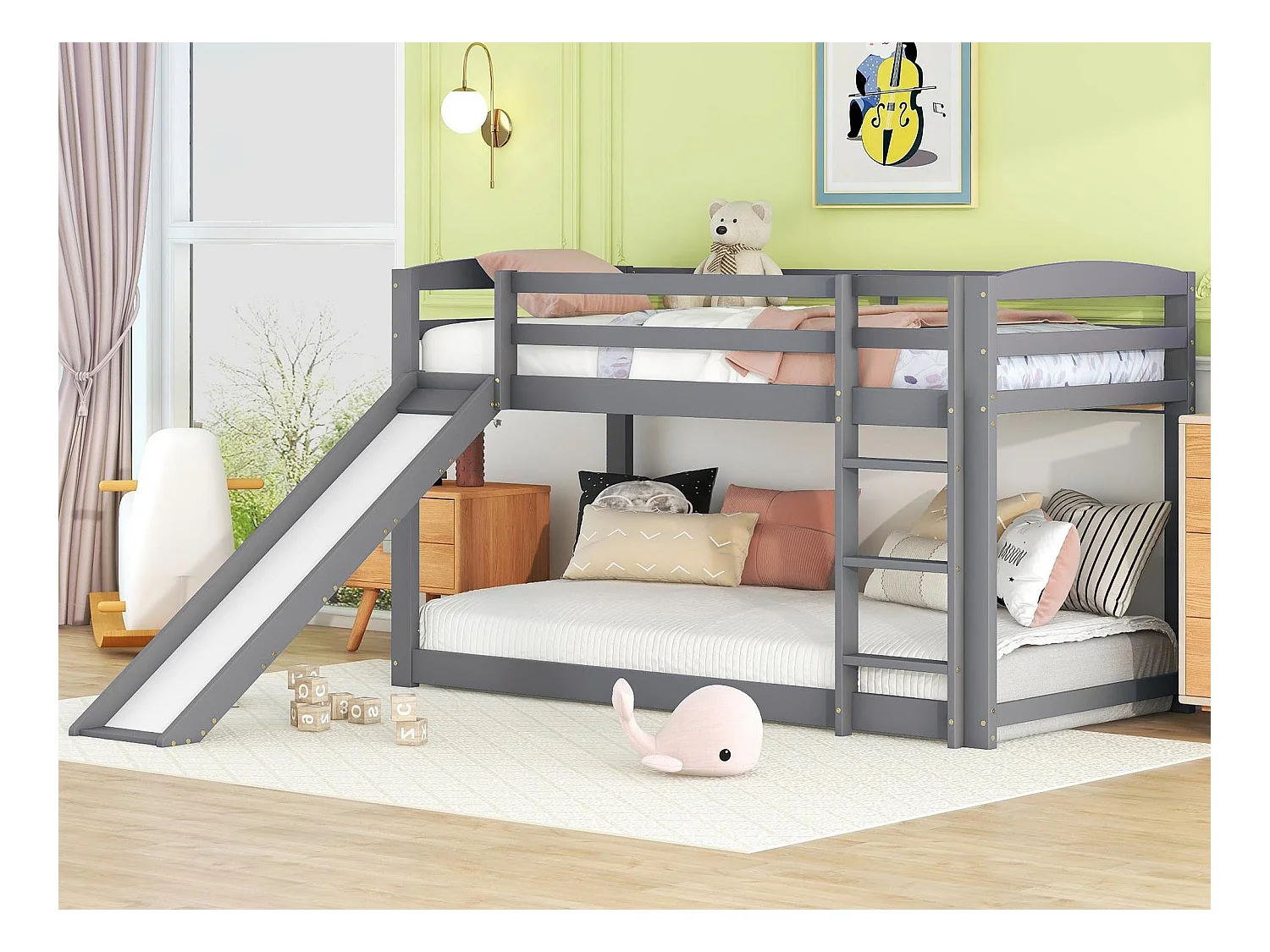 Lit superposé en pin avec barrières anti-chutes + échelle + toboggan - 90x200cm - Gris