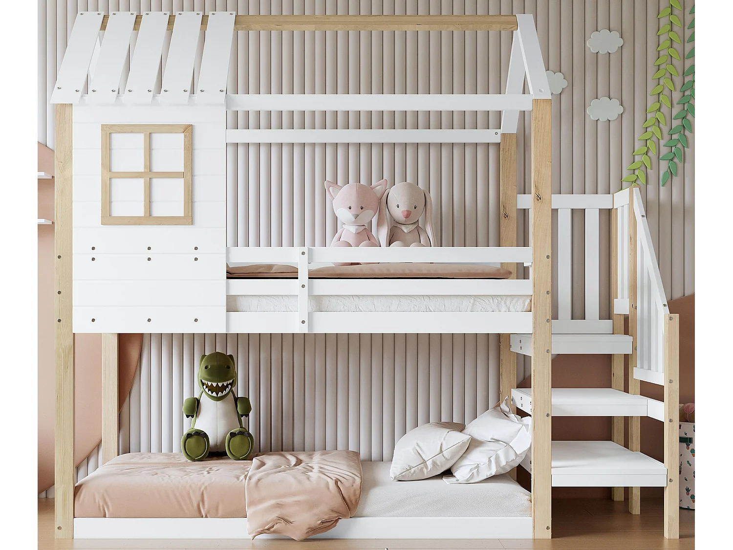 Lit superposé en bois massif - 90x200cm - avec fenêtre et escalier - Blanc