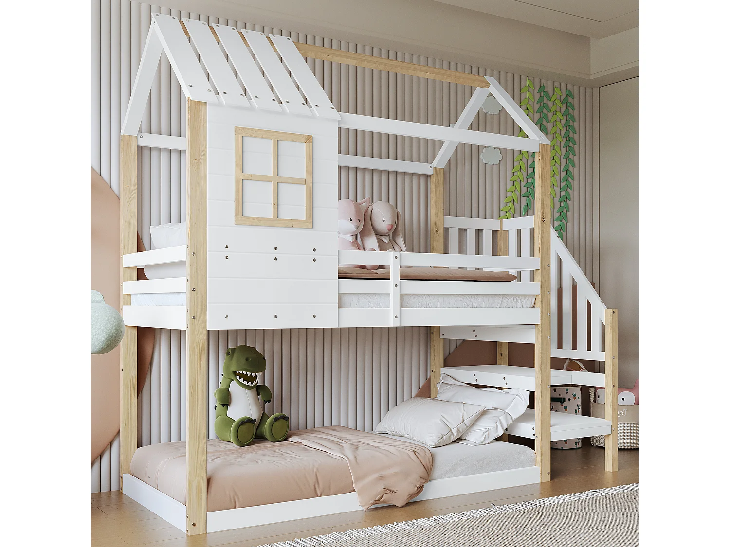 Lit superposé en bois massif - 90x200cm - avec fenêtre et escalier - Blanc