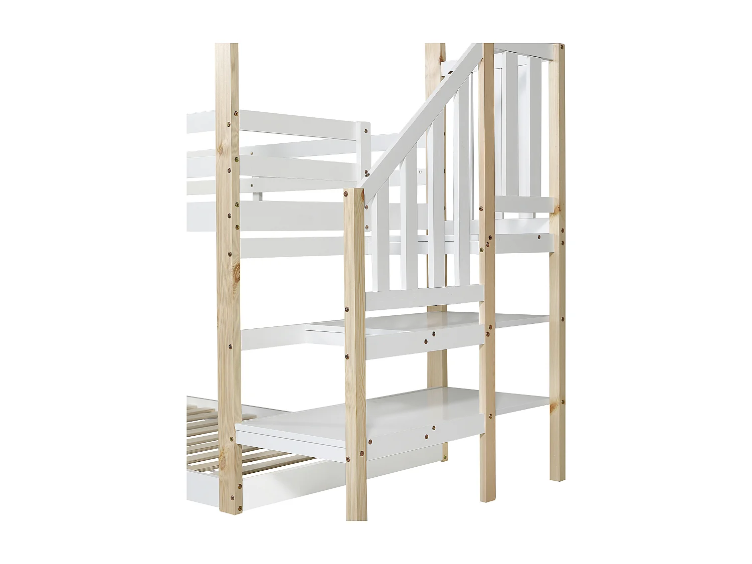 Lit superposé en bois massif - 90x200cm - avec fenêtre et escalier - Blanc