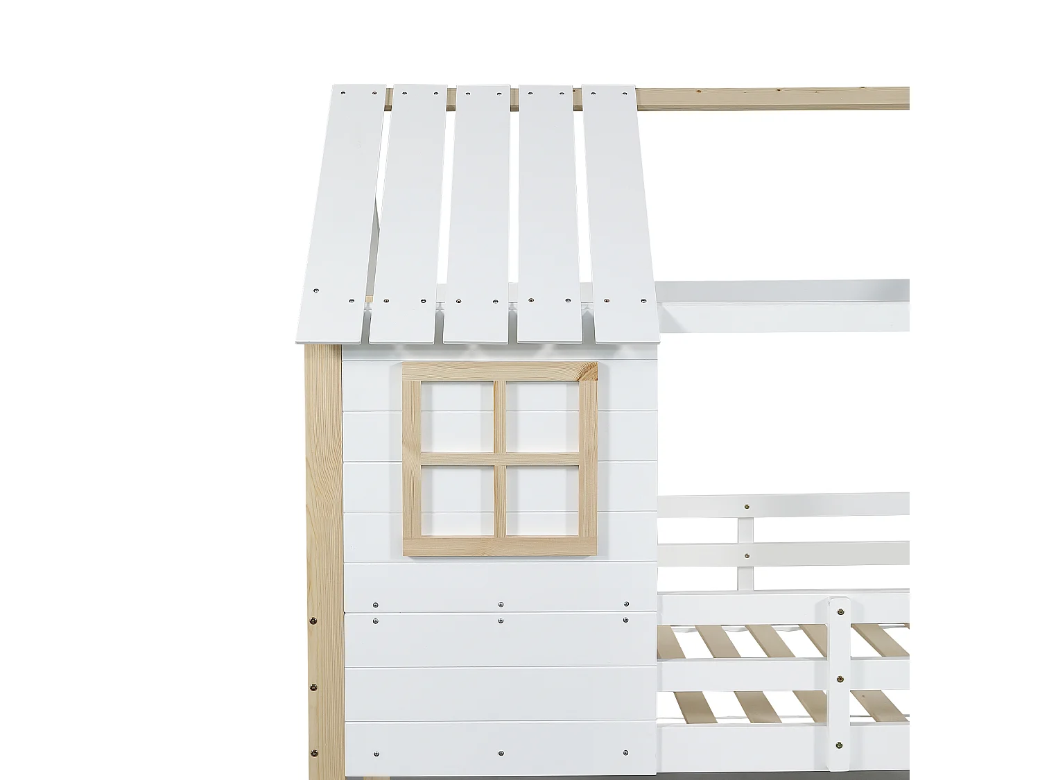 Lit superposé en bois massif - 90x200cm - avec fenêtre et escalier - Blanc