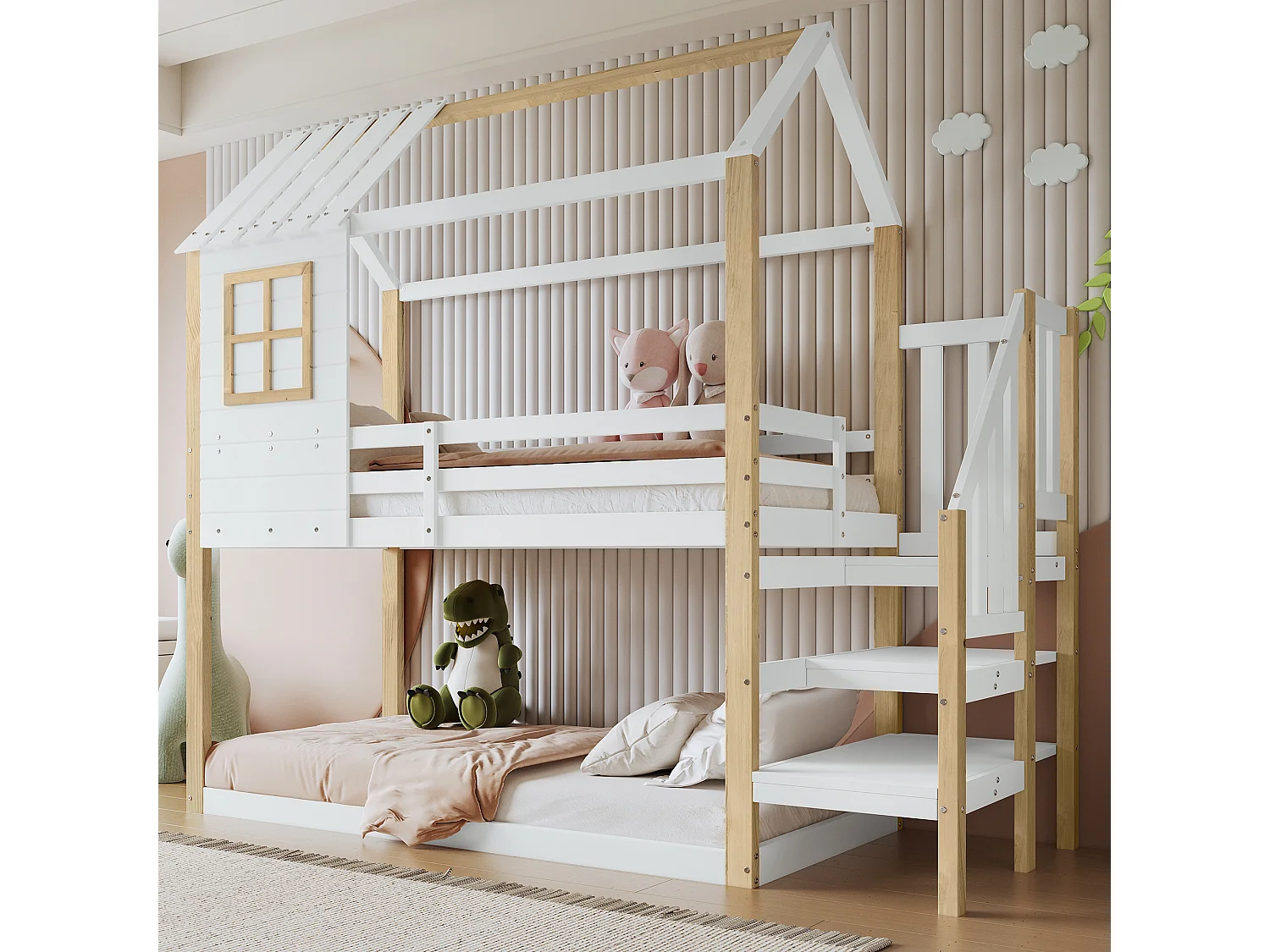 Lit superposé en bois massif - 90x200cm - avec fenêtre et escalier - Blanc