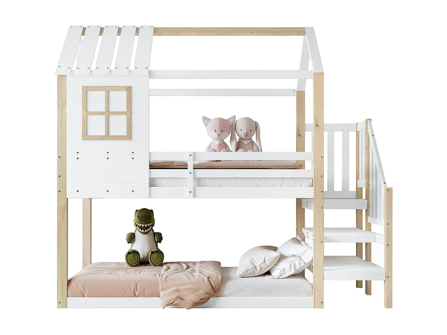 Lit superposé en bois massif - 90x200cm - avec fenêtre et escalier - Blanc