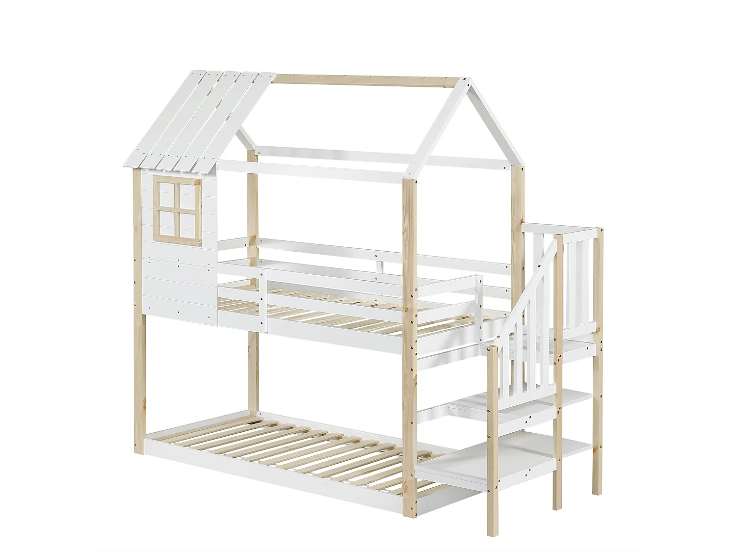 Lit superposé en bois massif - 90x200cm - avec fenêtre et escalier - Blanc