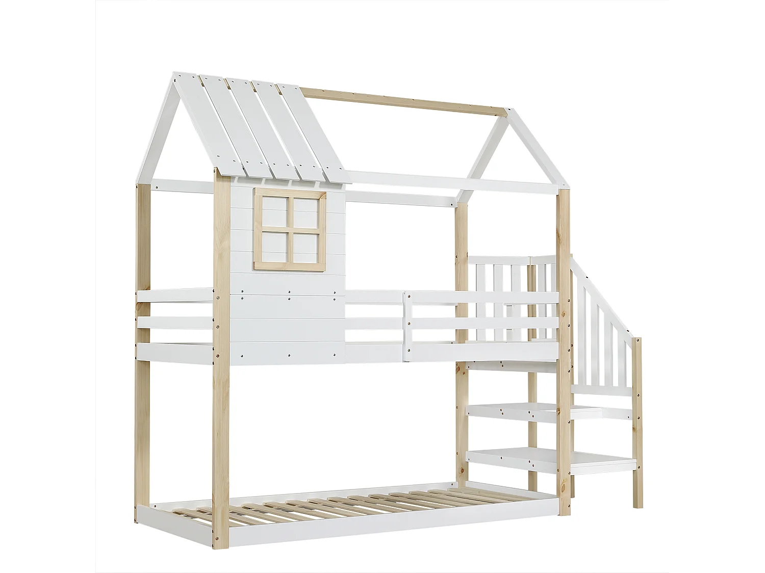 Lit superposé en bois massif - 90x200cm - avec fenêtre et escalier - Blanc