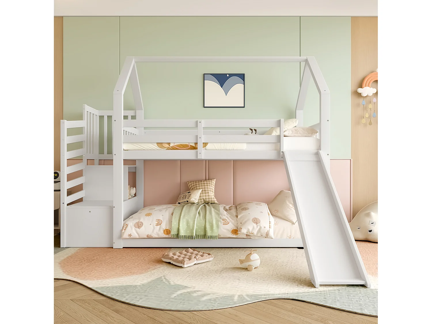 Litera de madera 90x200 cm - con barreras + escalera almacenaje + tobogán - Blanco