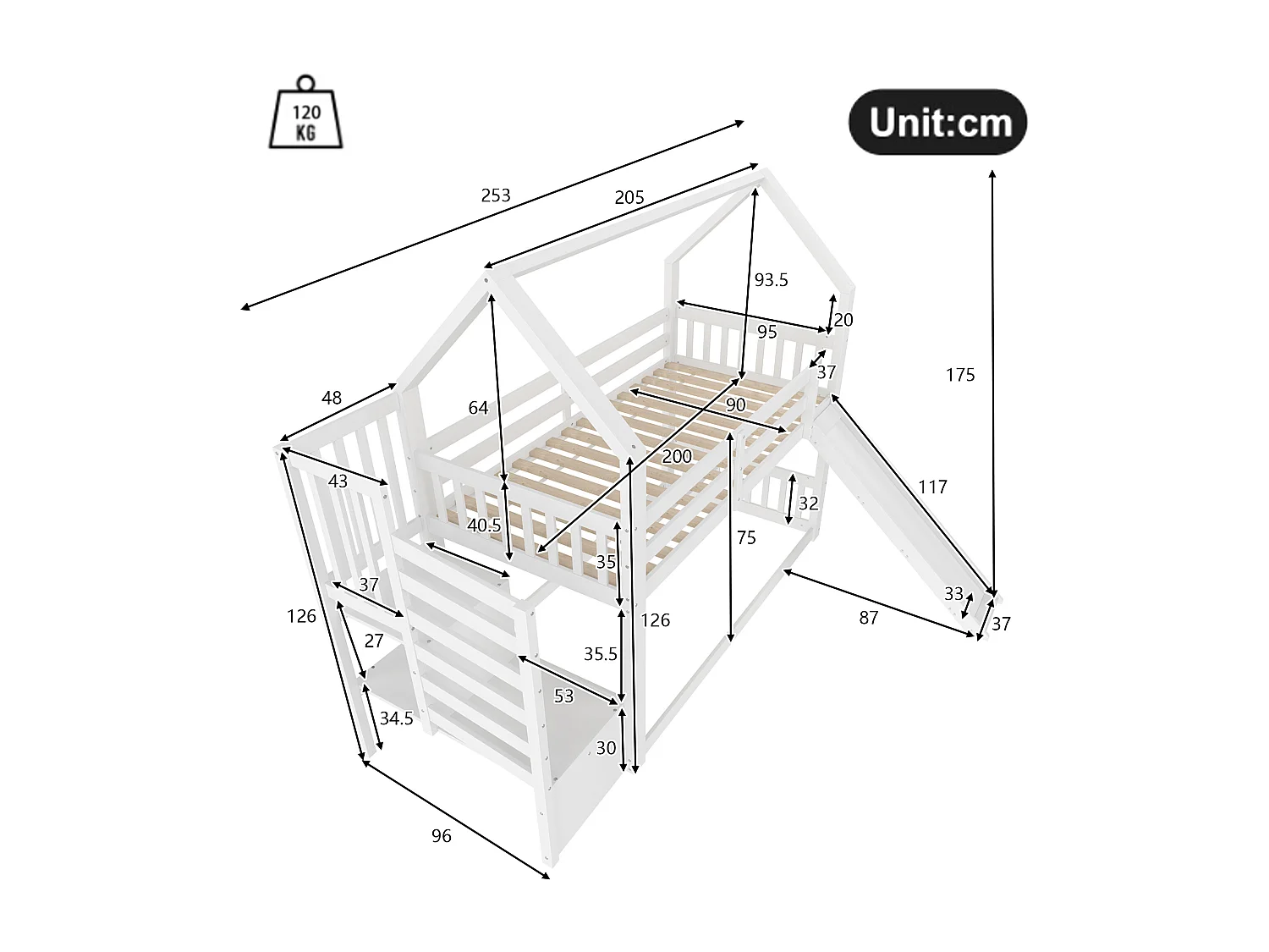 Litera de madera 90x200 cm - con barreras + escalera almacenaje + tobogán - Blanco