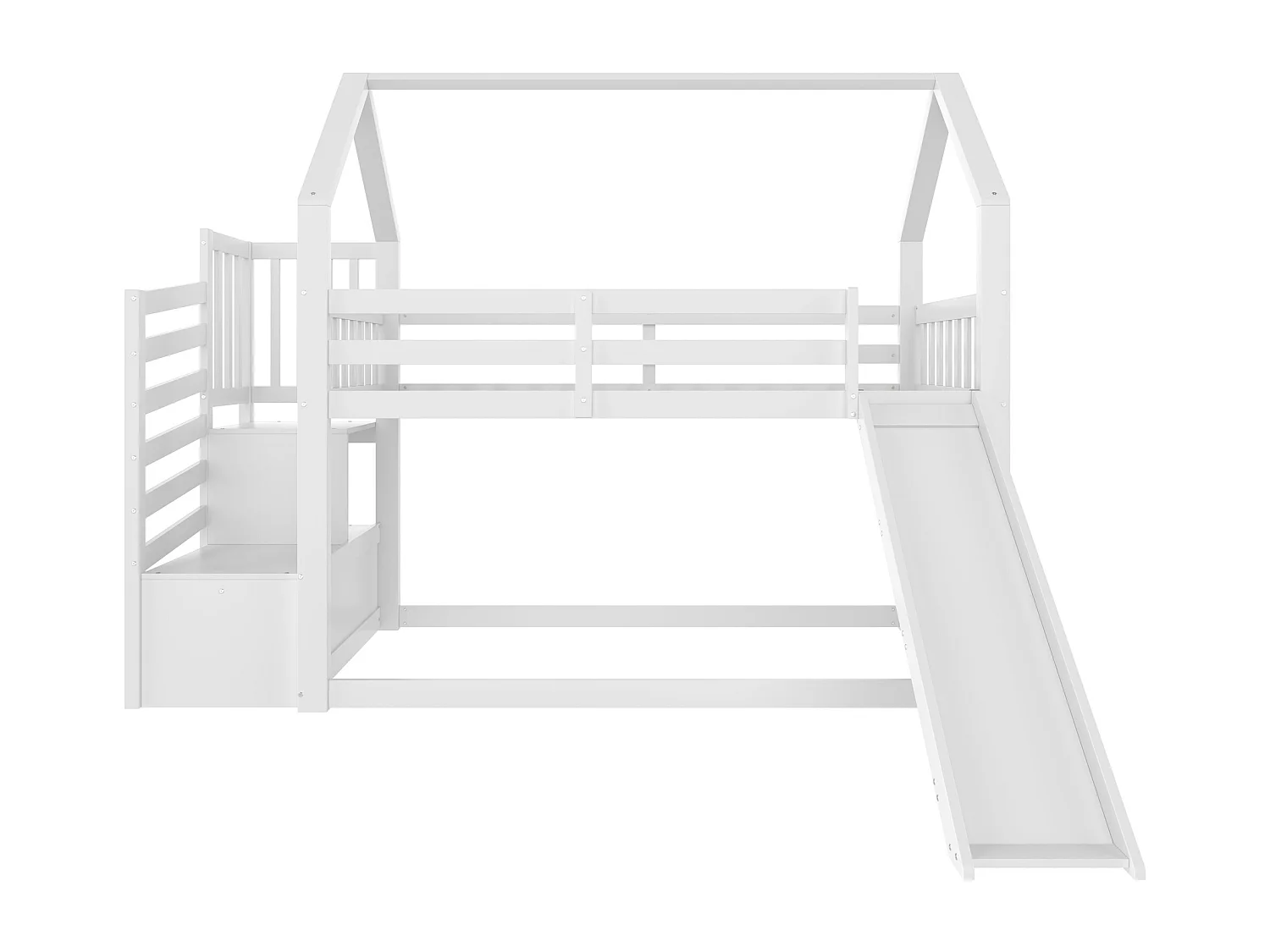 Litera de madera 90x200 cm - con barreras + escalera almacenaje + tobogán - Blanco