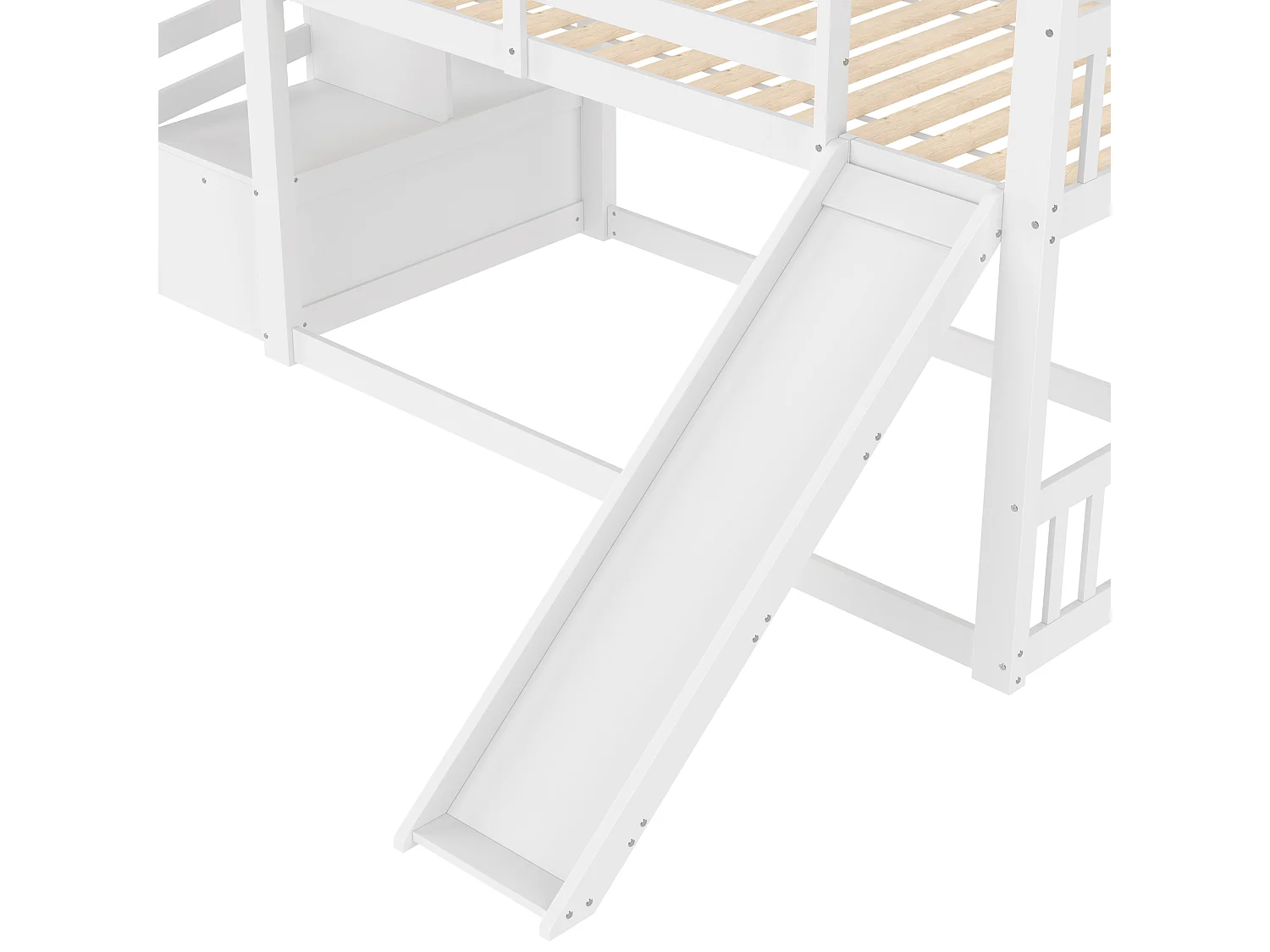 Litera de madera 90x200 cm - con barreras + escalera almacenaje + tobogán - Blanco