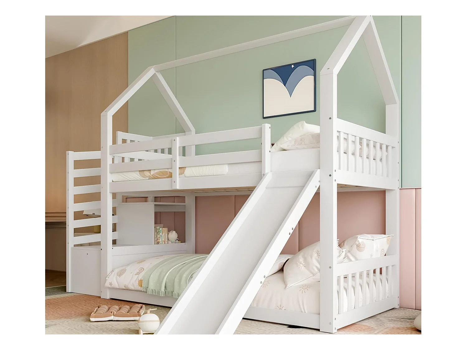 Lit superposé 90x200cm en bois - avec barrières + escalier de rangement + toboggan - Blanc