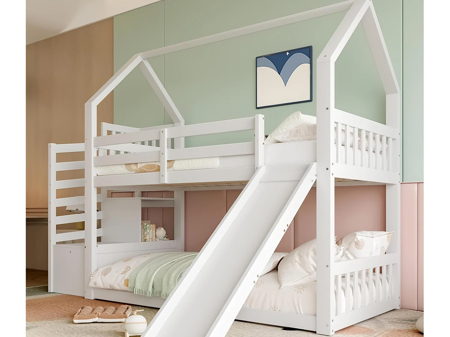 Lit superposé 90x200cm en bois - avec barrières + escalier de rangement + toboggan - Blanc