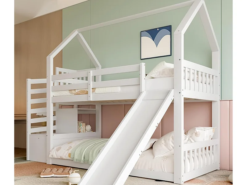 Houten stapelbed 90x200cm - met barrières + opbergtrap + glijbaan - Wit