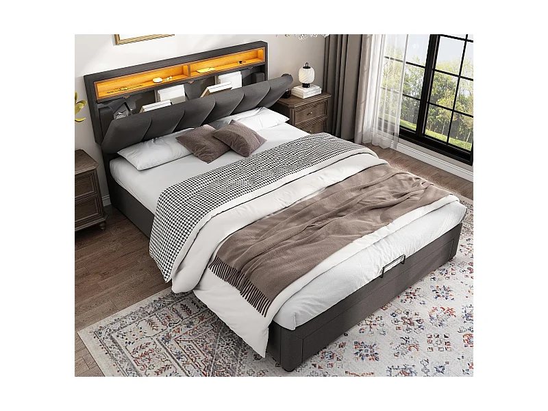 Gepolstertes Stauraumbett 140 x 200 cm in Leinen mit Schubladen – Stauraumkopf mit LED – Lattenrost – Grau