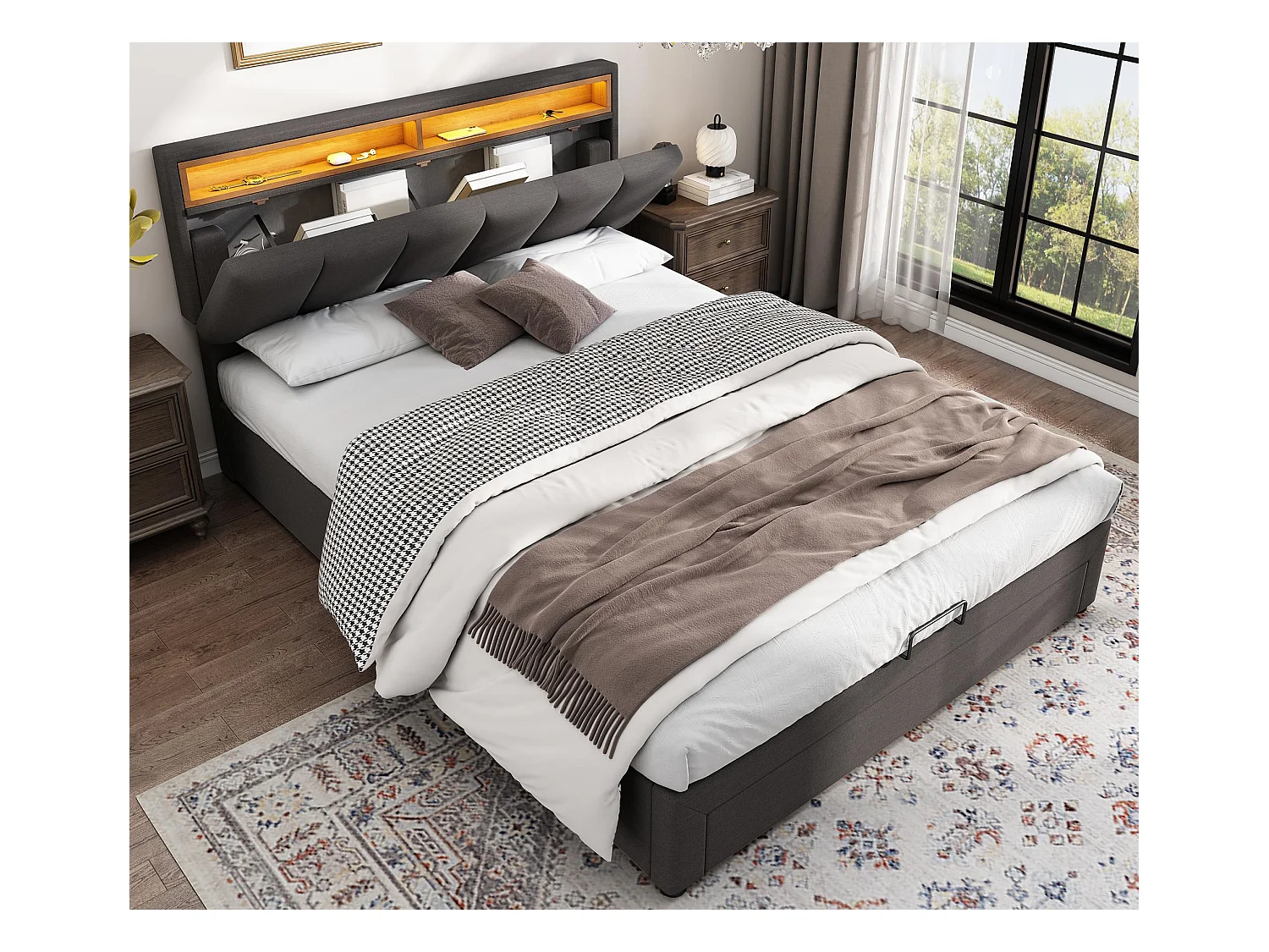 Gestoffeerd opbergbed 140x200cm in linnen met lades - opbergkop met LED - lattenbodem - Grijs