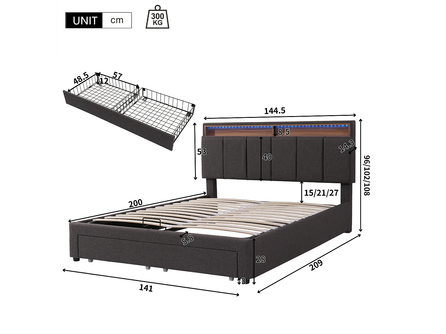 Letto contenitore imbottito 140x200 cm in lino con cassetti - testata contenitore con LED - rete a doghe - Grigio