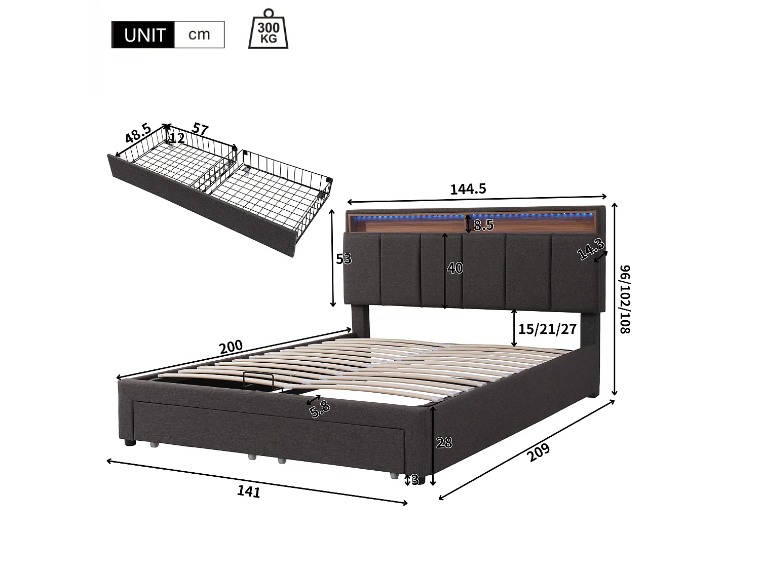 Letto contenitore imbottito 140x200 cm in lino con cassetti - testata contenitore con LED - rete a doghe - Grigio