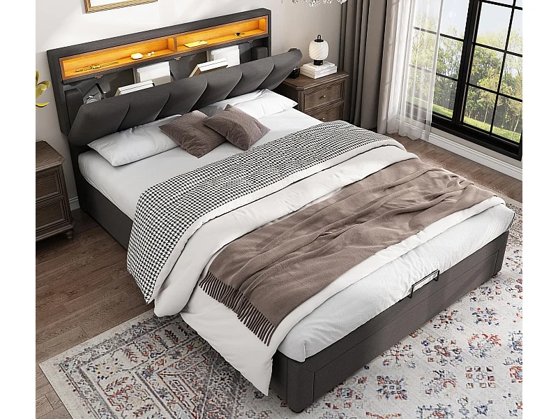 Lit coffre rembourré 140x200cm en lin avec tiroirs - tête de rangement avec LED - sommier à lattes - Gris