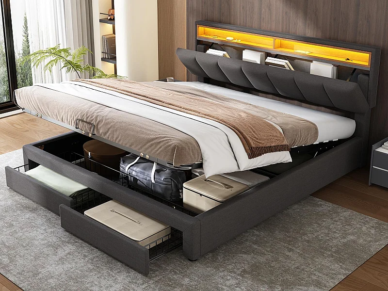 Lit coffre rembourré 180x200cm en lin avec tiroir et LED - tête de rangement - sommier à lattes - Gris