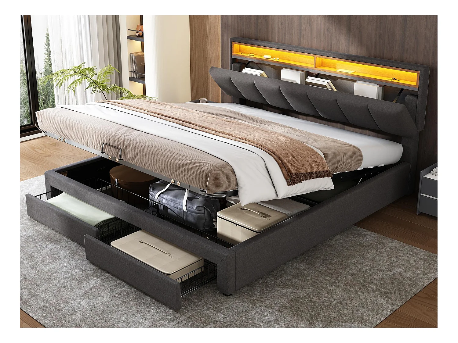 Lit coffre rembourré 180x200cm en lin avec tiroir et LED - tête de rangement - sommier à lattes - Gris