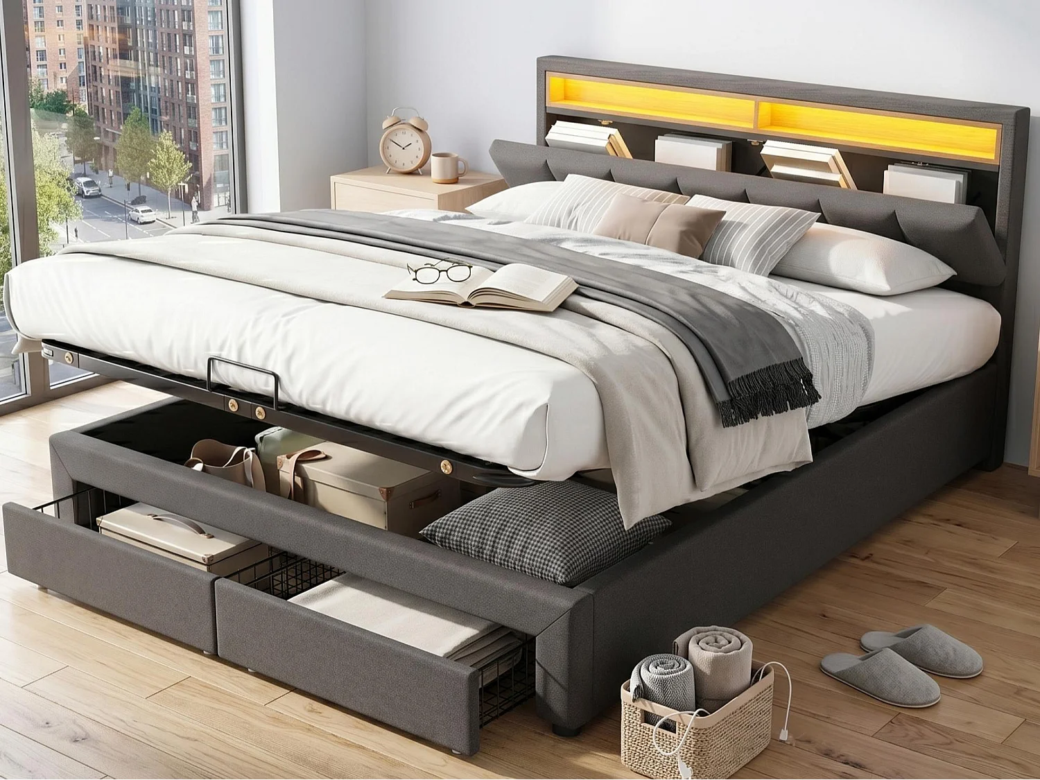 Lit coffre rembourré 180x200cm en lin avec tiroir et LED - tête de rangement - sommier à lattes - Gris