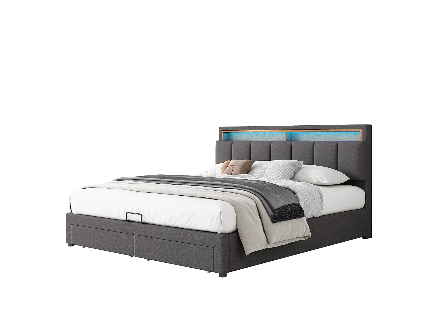 Lit coffre rembourré 180x200cm en lin avec tiroir et LED - tête de rangement - sommier à lattes - Gris