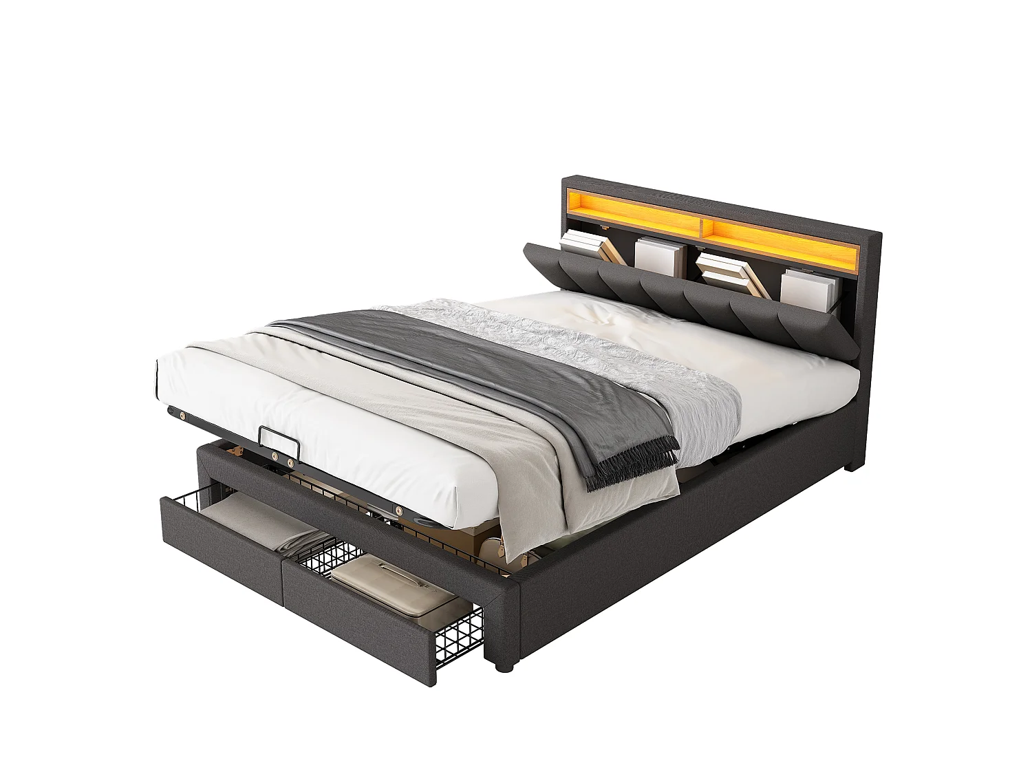 Lit coffre rembourré 180x200cm en lin avec tiroir et LED - tête de rangement - sommier à lattes - Gris