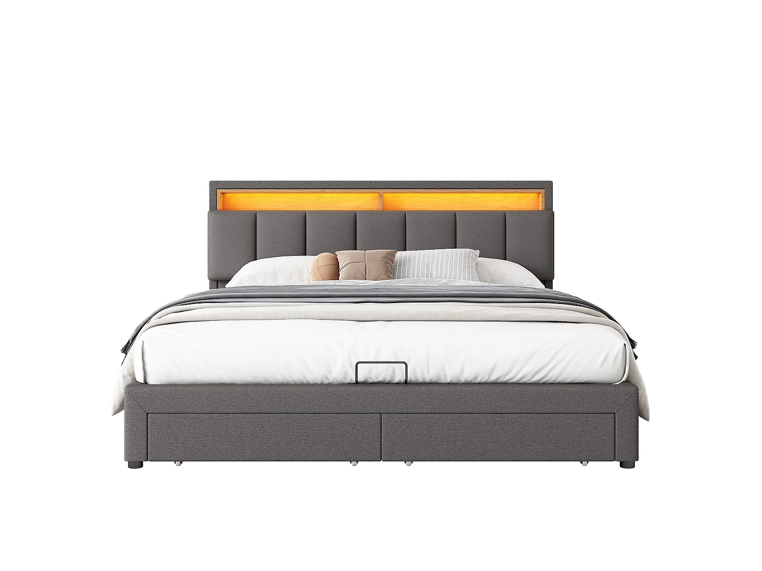 Lit coffre rembourré 180x200cm en lin avec tiroir et LED - tête de rangement - sommier à lattes - Gris
