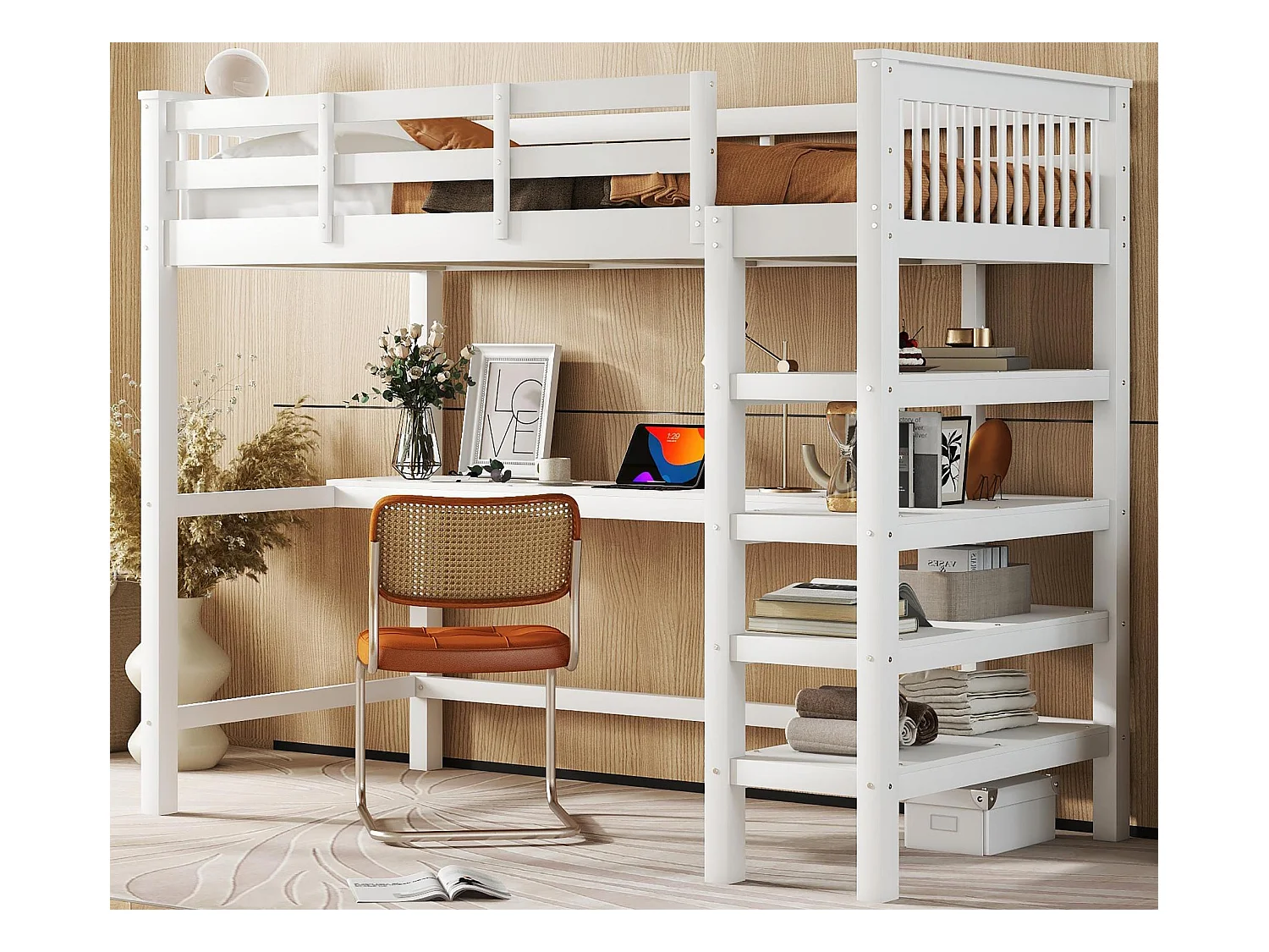 Lit mezzanine 90x200cm en bois - avec bureau et étagère de rangement - Blanc
