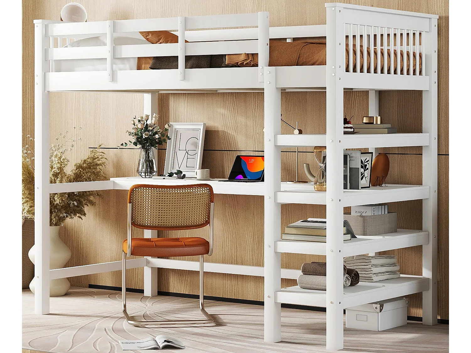90 x 200 cm großes Zwischenbett aus massivem Kiefernholz mit Schreibtisch und Ablagefach – Weiß