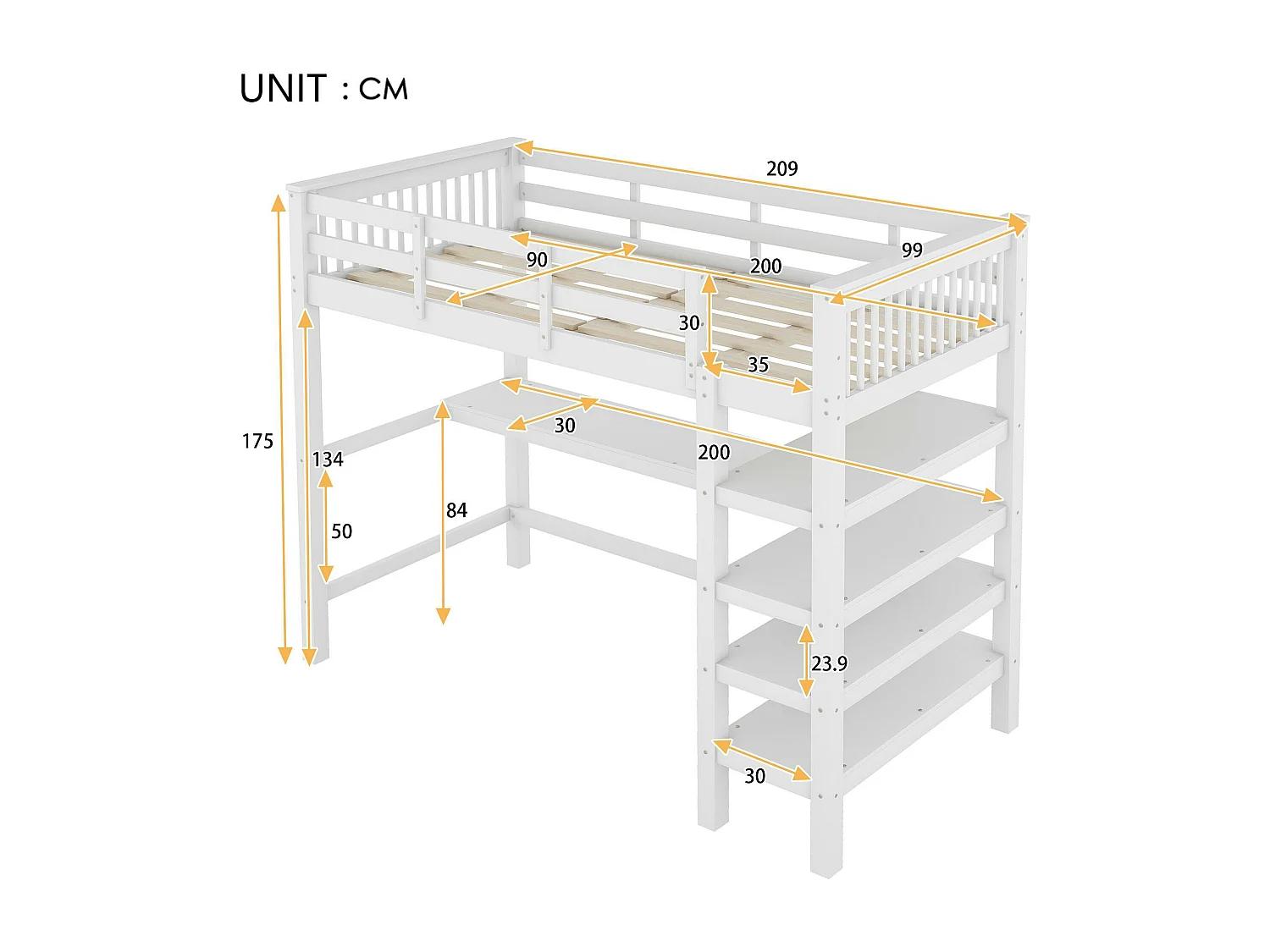 90 x 200 cm großes Zwischenbett aus massivem Kiefernholz mit Schreibtisch und Ablagefach – Weiß