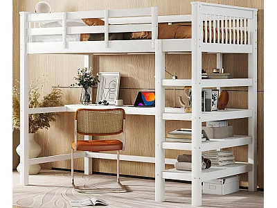 Mezzaninebed van 90x200 cm in massief grenen met bureau en opbergplank - Wit