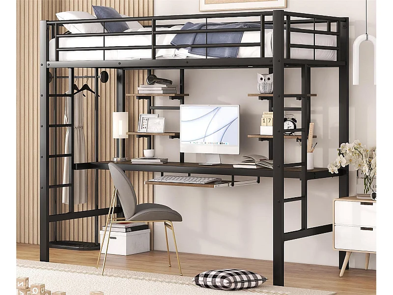 Cama alta 90x200 cm - con escritorio y estantes - estructura de metal - Negro